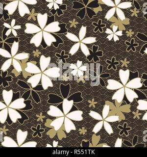 Japanese classic Sakura Vector Seamless Pattern floral in black and light beige colors. Traditional kimono, Asian festive motif with spring flowers in blossom, golden stroke effect and dark wavy background Stock Vector