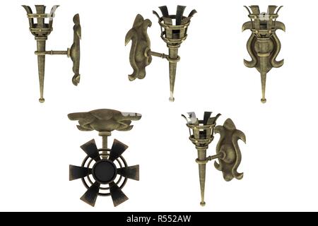 medieval bronze wall torch on an isolated white background, 3d illustration Stock Photo