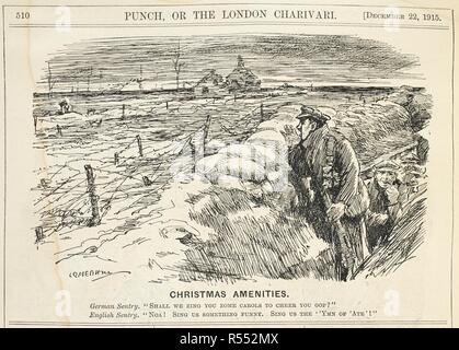 'Christmas amenities'. A German sentry calling to an English sentry across no-man's land. A cartoon of the First World War. . Punch or the London charivari. London, 1915. Source: PP.5270, 22 December 1915. Author: Raven-Hill, Leonard. Stock Photo