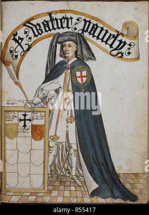 Sir Walter Paveley (unfinished), of the Order of the Garter, wearing a blue Garter mantle over plate armour and surcoat displaying his arms. Pictorial book of arms of the Order of the Garter ('William Bruges's Garter Book'). England, S. E. (probably London); c. 1430- c. 1440 (before 1450). Source: Stowe 594 f.20. Stock Photo