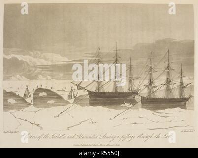 Crews of the Isabella and Alexander, sawing a passage through the ice. Voyage of Discovery, made under the orders of the Admiralty, in his Majesty's ships Isabella and Alexander for the purpose of exploring Baffin's Bay, and enquiring into the possibility of a North-West Passage. London : cxlix. J. Murray, 1819. Source: G.7399 plate opposite page 62. Author: ROSS, JOHN. Stock Photo