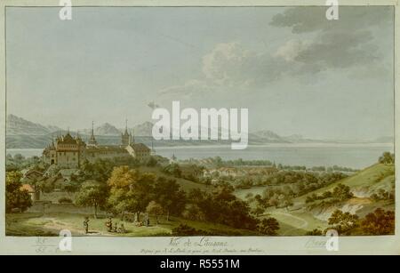 A group of figures picking fruit in an orchard on the outskirts of Lausanne in the foreground. ChÃ¢teau Saint-Maire and the Cathedral seen among trees on top of a hill beyond on the left, and a view of the city and Lake Geneva in the background. VÃ»Ã« de Lausane. [Bern?] : [publisher not identified], [1774]. Hand-coloured etching. Source: Maps K.Top.85.55.e.6. Language: French. Stock Photo