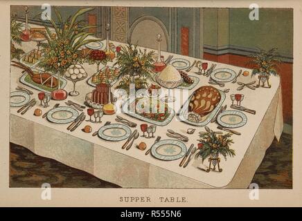 Supper table . Mrs. Beeton's Family Cookery and Housekeeping Book ... New ... illustrations, etc. Ward, Lock & Bowden: London, 1893. Coloured engraving. Source: 07945.h.39, page cxviii. Language: English. Author: BEETON, ISABELLA MARY. Stock Photo