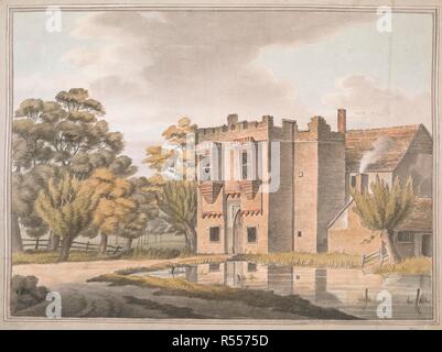 A medieval gatehouse, called Rye House; turrets at its top; water in front; trees to the left. Rye House Castle Essex. c. 1790-1810. Source: Maps K.Top.15.81.b. Stock Photo