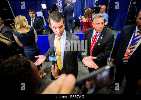 Donald Trump Jr., son of the Republican Nominee, talks to media after the debate. The Democrate and Republican nominees for US President, Hillary Rodham Clinton and Donald John Trump, met on Sep. 26th for the first head to head Presidential Debate at the Hofstra University in Long Island. Stock Photo