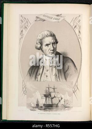 The Resolution and Discovery. Arctic Expeditions from British and foreign shores. Edinburgh, 1875-77. Portrait of Captain James Cook (1728-79). English navigator. The illustration shows the ships under his command, the Resolution and the Discovery, in the Bering Strait, during his last voyage.  Image taken from Arctic Expeditions from British and foreign shores from the earliest to the Expedition of 1875 (76) Numerous coloured illustrations, maps..  Originally published/produced in Edinburgh, 1875-77. . Source: 10460.g.1.(2), frontispiece. Language: English. Stock Photo