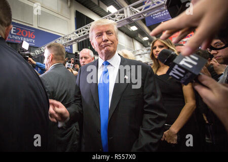 Republican Presidential Nominee Donald Trump talks to media after the debate. Behind him is his wife, Melania Trump. The Democrate and Republican nominees for US President, Hillary Rodham Clinton and Donald John Trump, met on Sep. 26th for the first head to head Presidential Debate at the Hofstra University in Long Island.