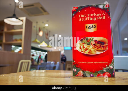 Christmas menu on a table at the Morrisons cafe in Corby, England. Stock Photo