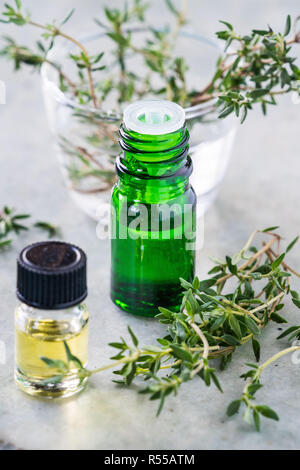 Essentiel oil of thyme (Thymus vulgaris). Stock Photo