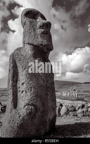 Moai statue, ahu Tongariki, easter island. Black and white picture Stock Photo