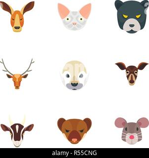 Animal head icon set. Flat set of 9 animal head vector icons for web design Stock Vector