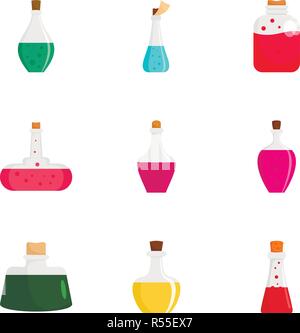 Elixir potion icon set. Flat set of 9 elixir potion vector icons for web design Stock Vector
