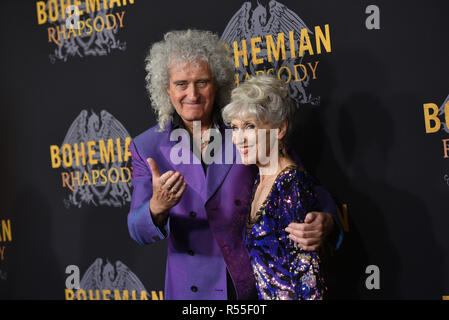 Brian May and wife Anita Dobson attend 'Bohemian Rhapsody' New York premiere at The Paris Theatre on October 30, 2018 in New York City. Stock Photo