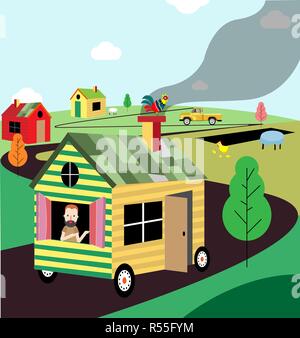 Vector illustration. Mobile home rides on the road. Vacation, summer. Stock Vector