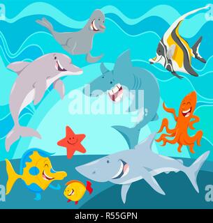Cartoon Illustration of Funny Sea Life Animal Characters Group Underwater Stock Vector