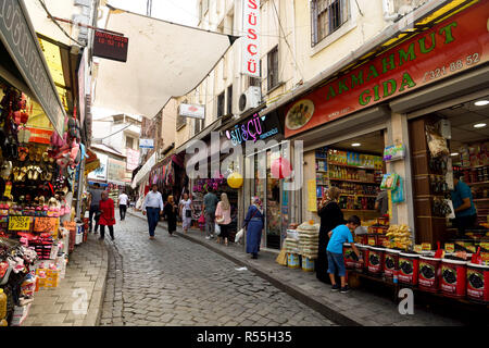 Trabzon, Turkey - September 8, 2018. Street view in the bazaar district of Trabzon, with commercial properties and people. Stock Photo