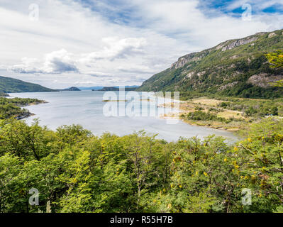 Panorama of Lapataia Bay and Beagle Channel in Tierra del Fuego National Park, Patagonia, Argentina Stock Photo