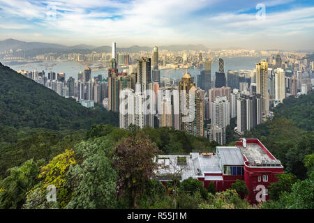 Panoramic view of Hong Kong and Victoria harbuor from Victoria Peak Stock Photo