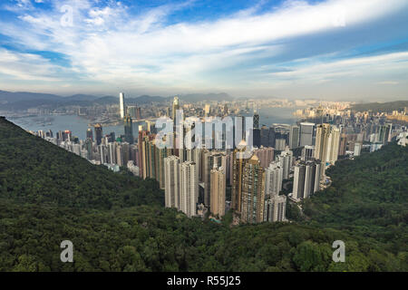 Wide panorama of Hong Kong and Victoria Harbour from The Peak Stock Photo