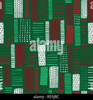 Hand drawn Christmas Seamless vector abstract background. Vertical rectangle doodle shapes seamless pattern. Green red white blocks. Modern mosaic art for invitation card, New Year, fabric, web banner Stock Vector