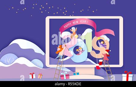 Happy 2019 New Year design card with children with big digits in Monitor screen with mountains. Paper cut style. Vector illustration Stock Vector