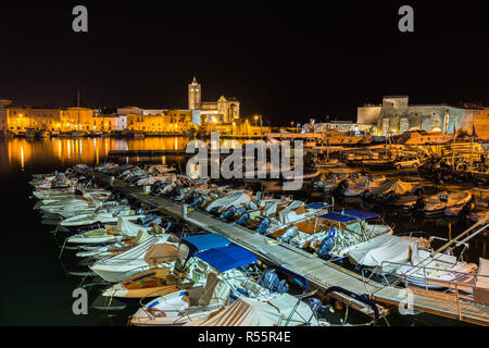 Night view of Trani port with Saint Nicholas Cathedral in the foreground, Apulia, Italy