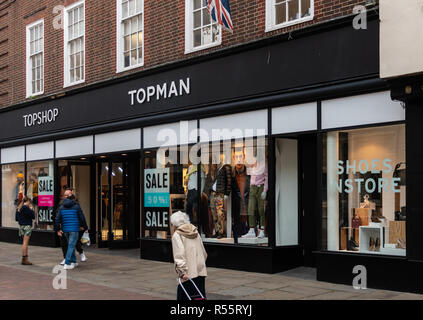 Chichester, United Kingdom - October 06 2018:   The Frontage of the TopMan and TopShop fashion store in North Street Stock Photo