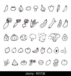 Hand drawn vegetable and fruits sketch icons Stock Photo