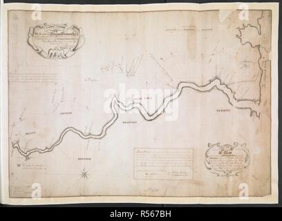 A map of the River Merrimack from the Atlantick Ocean to Pantuckett Falls describing bounds between New Hampshire and Massachusetts Bay, agreeable to His Majesty's Order in Council 1741', surveyed by George Mitchell; aft. 1741. Copy , by G. Matthias.    . R.U.S.I. MAPS. Vol. LXXVI (1-13). 57711 (1-4). Places in states North-East of New York. 18th century. 1:63360. Scale bar of 5 miles (= 5 inches). 510 x 720mm. Source: Add. 57711.3 R.U.S.I. no. A 29.53. Stock Photo