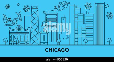 United States, Chicago city winter holidays skyline. Merry Christmas, Happy New Year decorated banner with Santa Claus.United States, Chicago city linear christmas city vector flat illustration Stock Vector