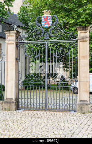 Luxembourg City, Luxembourg.  Coat of Arms of the Counts of Luxembourg.  Many small historical varieties have been used. Stock Photo