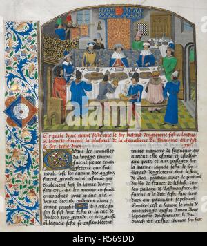 The Dukes of York, Gloucester and Ireland dining with Richard II. Initial and floral border. Anciennes et nouvelles chroniques d'Angleterre (also known as Recueil des croniques dâ€™Engleterre). France, N. E. (Lille?) and Netherlands, S. (Bruges) Date c. 1470- c. 1480. Source: Royal 14 E. IV, f.265v. Language: French. Author: JEAN OF WAVRIN. Master of the Vienna and Copenhagen Toison dâ€™Or, Master of the White Inscriptions, Master of Edward. Stock Photo
