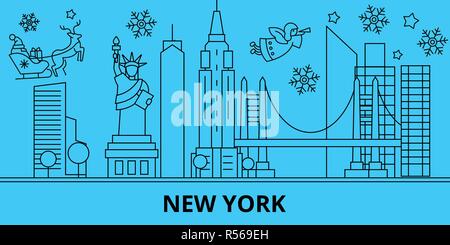 United States, New York winter holidays skyline. Merry Christmas, Happy New Year decorated banner with Santa Claus.United States, New York linear christmas city vector flat illustration Stock Vector