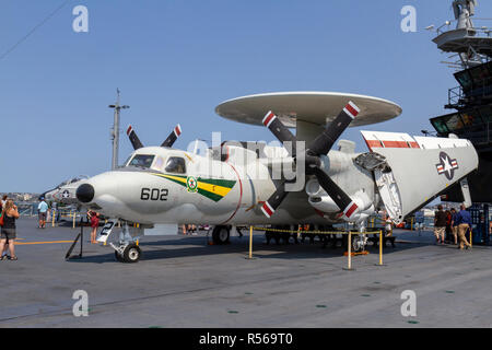 An E-2 Hawkeye, airborne early warning aircraft, USS Midway, San Diego, California, United States. Stock Photo