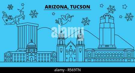 United States, Tucson winter holidays skyline. Merry Christmas, Happy New Year decorated banner with Santa Claus.United States, Tucson linear christmas city vector flat illustration Stock Vector