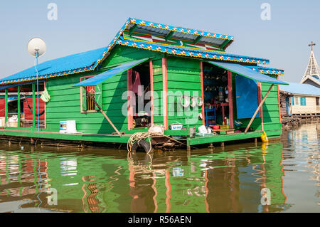 Tonle Sap, Cambodia. Colourful floating village houses on Tonle Sap Lake, Cambodia, South East Asia Stock Photo