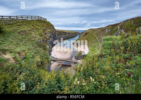 View from the viewpoint above Smoo Cave into the 800m long fjord Geodha Smoo, Durness, Sutherland, Highlands, Scotland Stock Photo