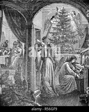 Christmas decorations, angels hide the gifts and decorate the Christmas tree, 1880, woodcut, Germany Stock Photo