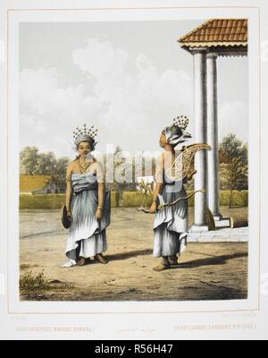 Two dancers wearing exotic costumes. They are described as 'enfants Gamboes danseurs mimiques'. . Nederlandsch Oost-Indischen Typen. Types Indiens Neerlandais. ... S' Gravenhage, 1854-56. Colour illustration. Source: 1781.c.23, plate 41. Language: Dutch. Author: Pers, A. Van. Stock Photo