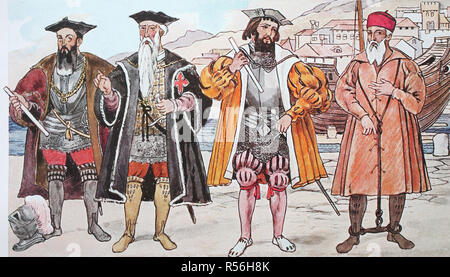 Fashion in Spain and Portugal around 1500-1540, Portuguese explorers, from left, Vasco de Gama, then Alfonso d Albuquerque, then Stock Photo