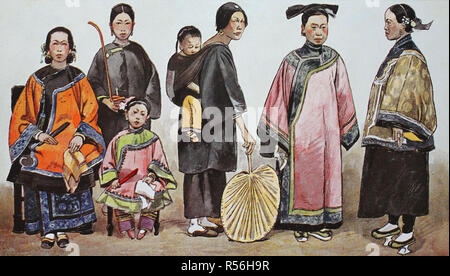 Clothing, fashion in China, around the 19th century, from the left, a ...