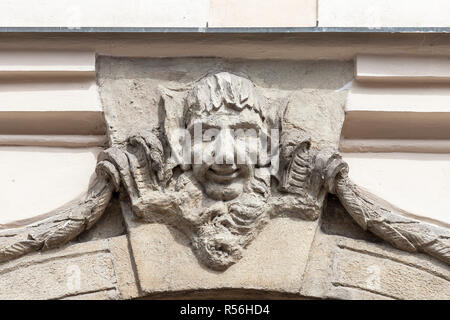 Relief on facade of old building, man's face, Prague, Czech Republic, Europe Stock Photo