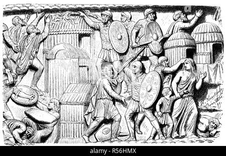 Destruction of a Germanic village by the Romans, relief at the Colonna Antonina, the Column of Marcus Aurelius in Rome, 1800 Stock Photo