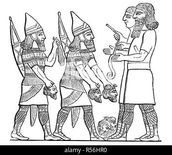 Assyrian census of the slain, from the palace of Ashurbanipalreliefs, library of Assurbanipal, 1870, woodcut, Iran Stock Photo