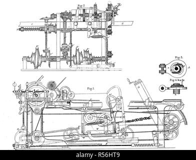Spinning machine, selfactor for the yarn spinning process, woodcut, Germany Stock Photo