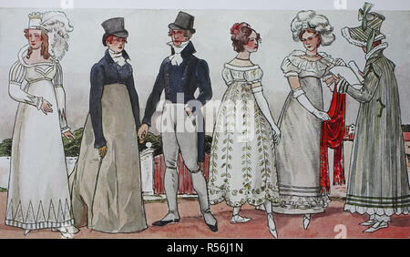 Fashion, clothes, the Biedermeier fashion in Germany, from 1815 to 1820, illustration, Germany Stock Photo