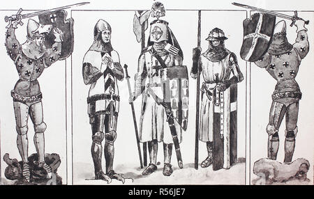Fashion, historical clothing, Burgundian knights in the 14th century, woodcut, France Stock Photo