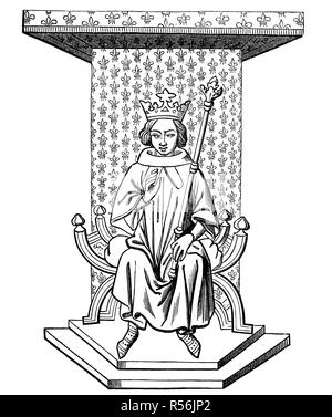 King Louis IX of France on the throne, after a miniature of the XIVth century from the National Library of Paris, woodcut Stock Photo