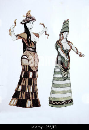 Fashion, the clothes of Mykenae, Crete and Cyprus, Aegean and Phoenician culture, 2000-500 BC, two snake goddesses with blouse Stock Photo