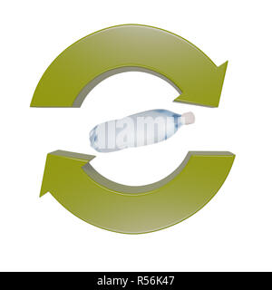 3d render of green two arrow recycling symbol with PET bottle inside over white background Stock Photo